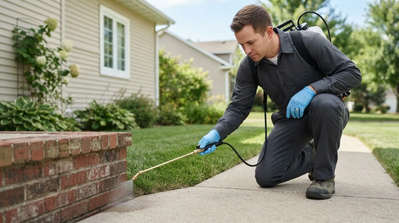 Pest control technician treating a home near Sandstone, WV